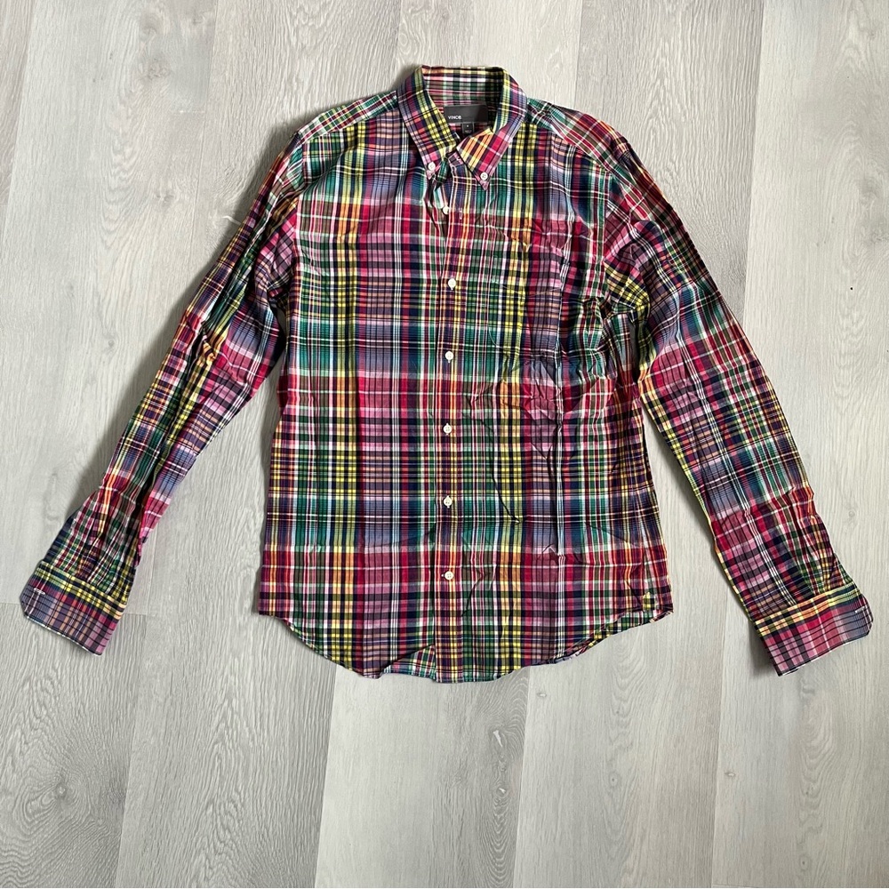 VINCE MENS SHIRT BUTTON FRONT PLAID RED BLUE GREEN LONG SLEEVE SMALL